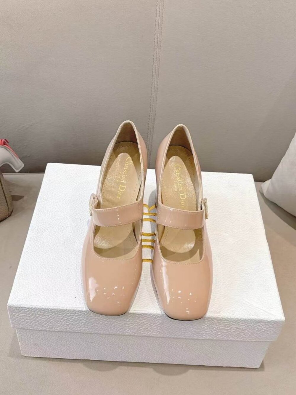 Dior Nude Patent Leather Mary Jane Heels Square Toe Adjustable Strap Pumps